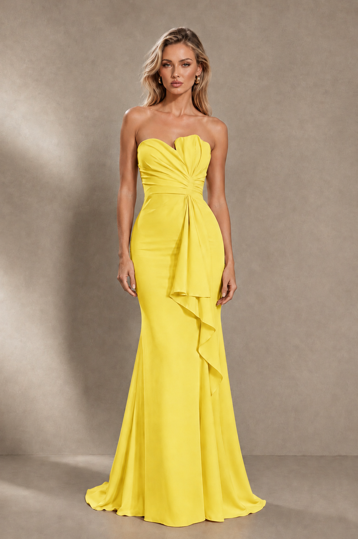 BOLODOO Yellow Strapless Sweetheart Ruched Mermaid Gown | Cascade Drape Formal Evening Dress - Yellow - Yellow_1
