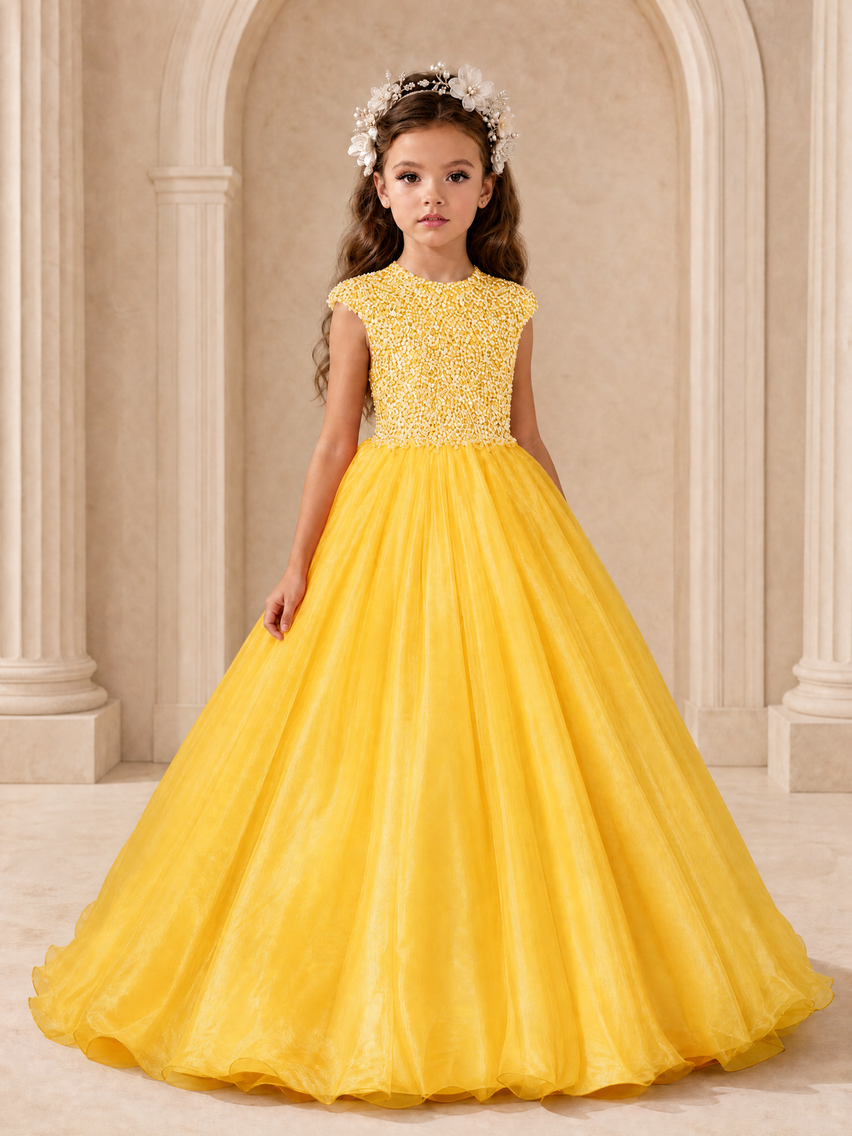 BOLODOO Yellow Sequin Tulle Flower Girl Dress with Cap Sleeves - Yellow - Yellow_1