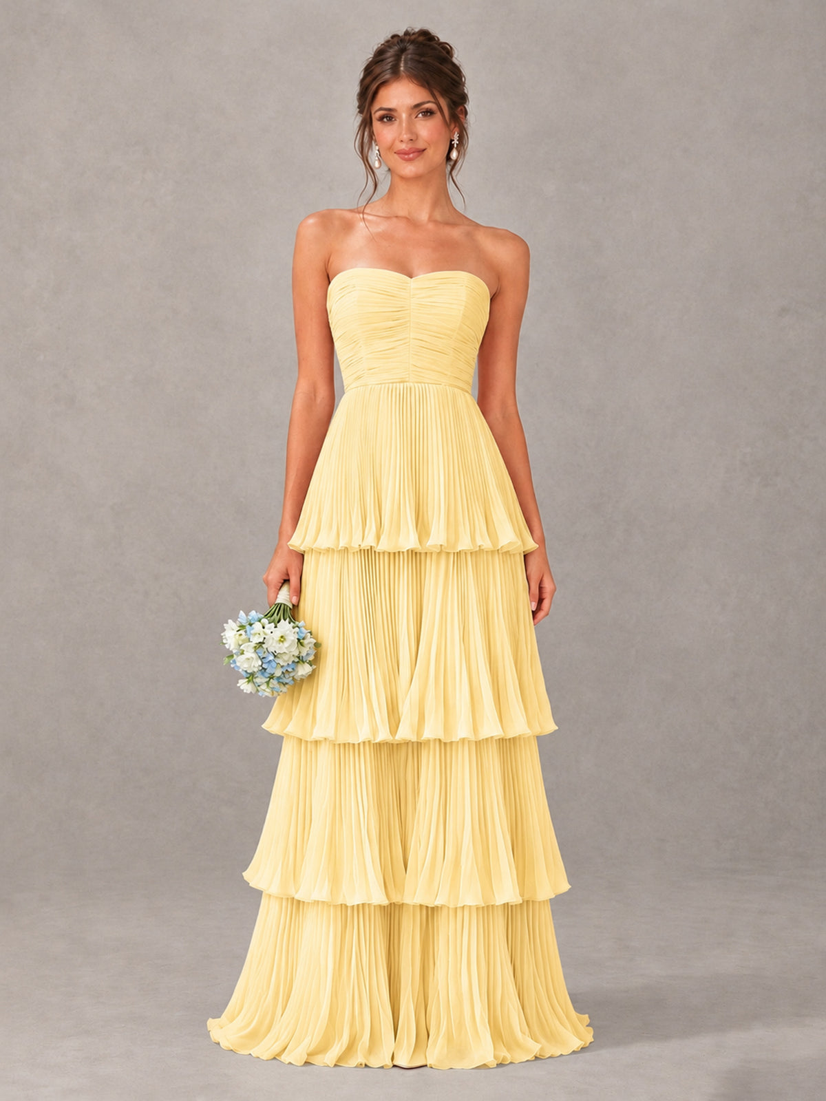 BOLODOO Yellow Strapless Tiered Pleated Bridesmaid Dress - Yellow - Yellow_1