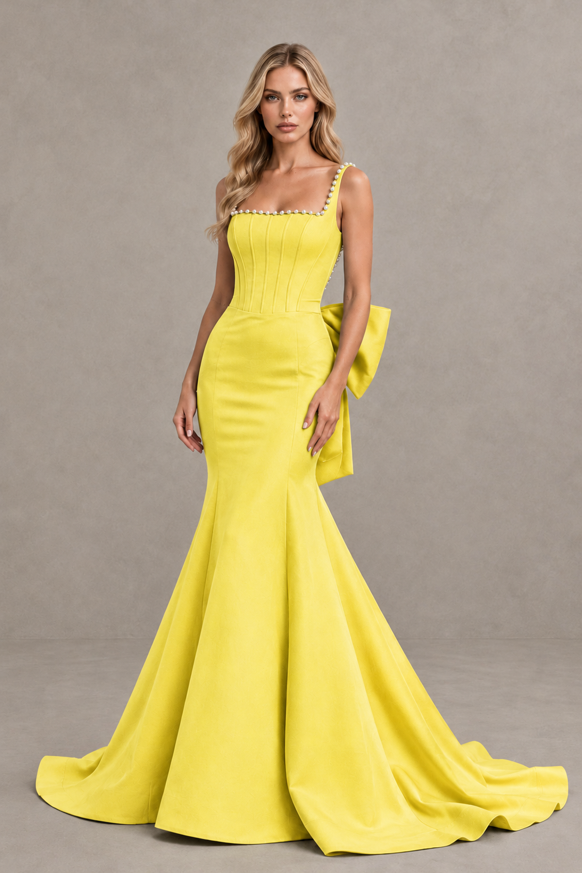 BOLODOO Yellow Pearl-Trim Mermaid Prom Dress with Back Bow - Yellow - Yellow_1