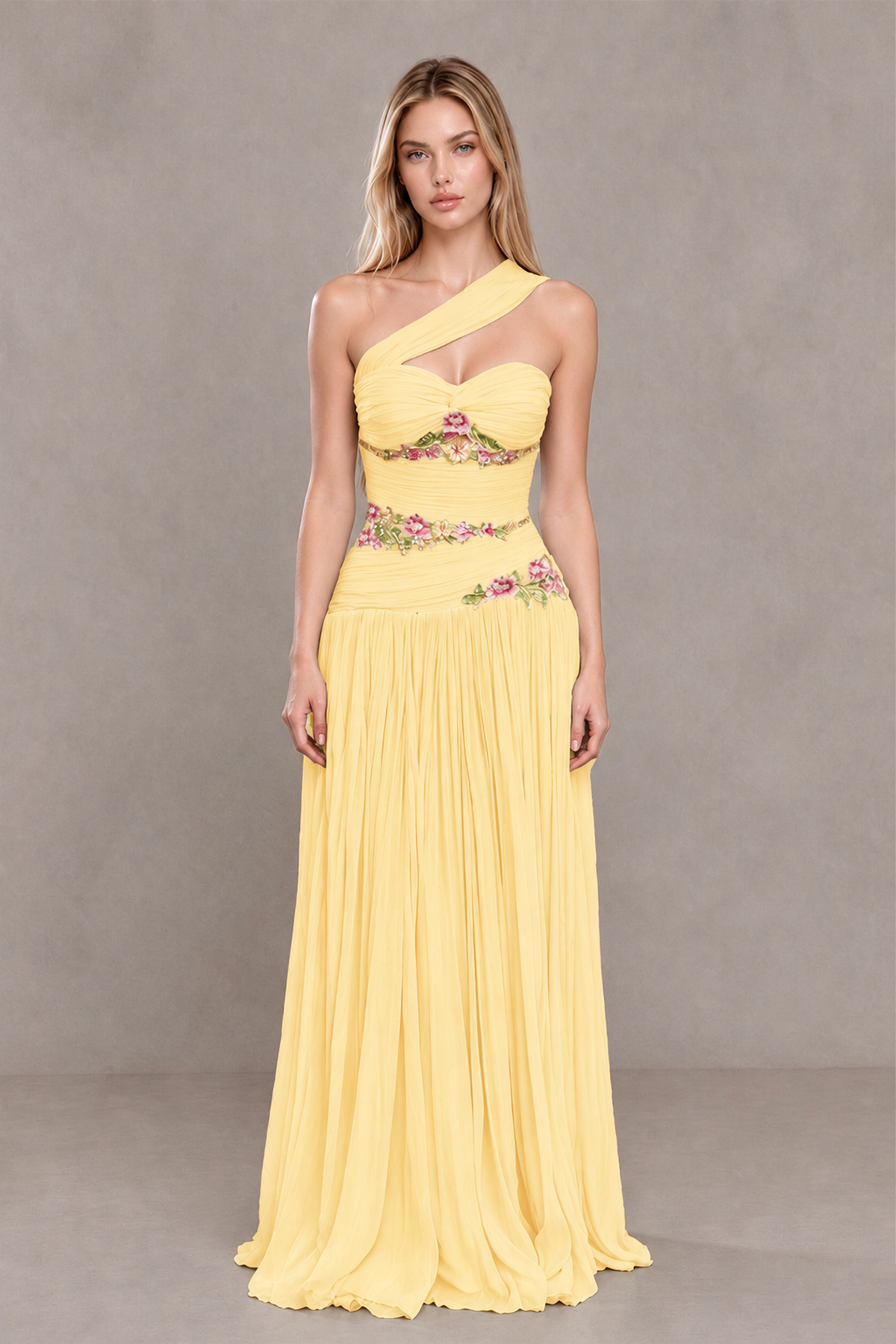 BOLODOO Yellow One-Shoulder Floral Applique A-Line Evening Dress - Yellow - Yellow_1
