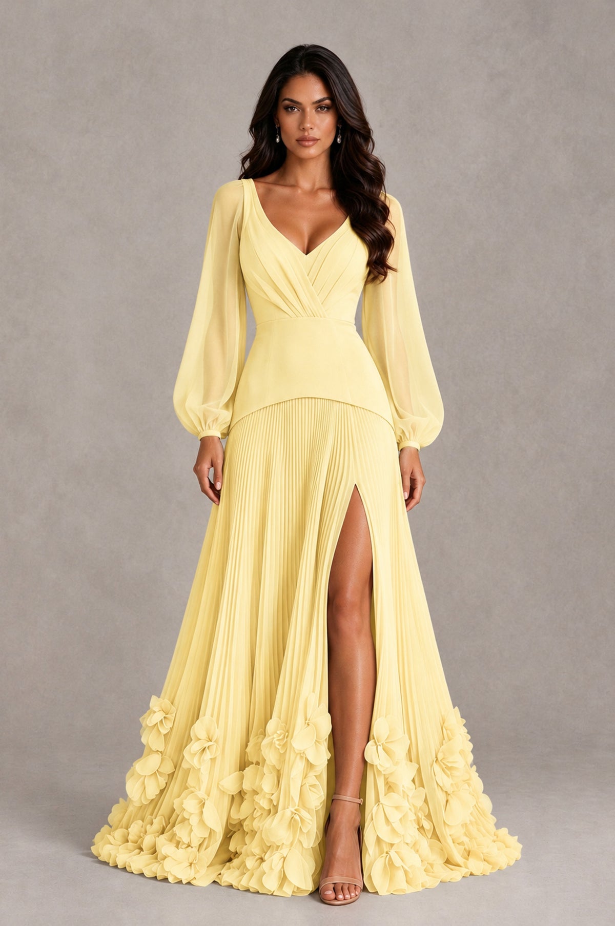 BOLODOO Yellow V-Neck Long Sleeve Pleated Floral Hem Evening Dress - Yellow - Yellow_1