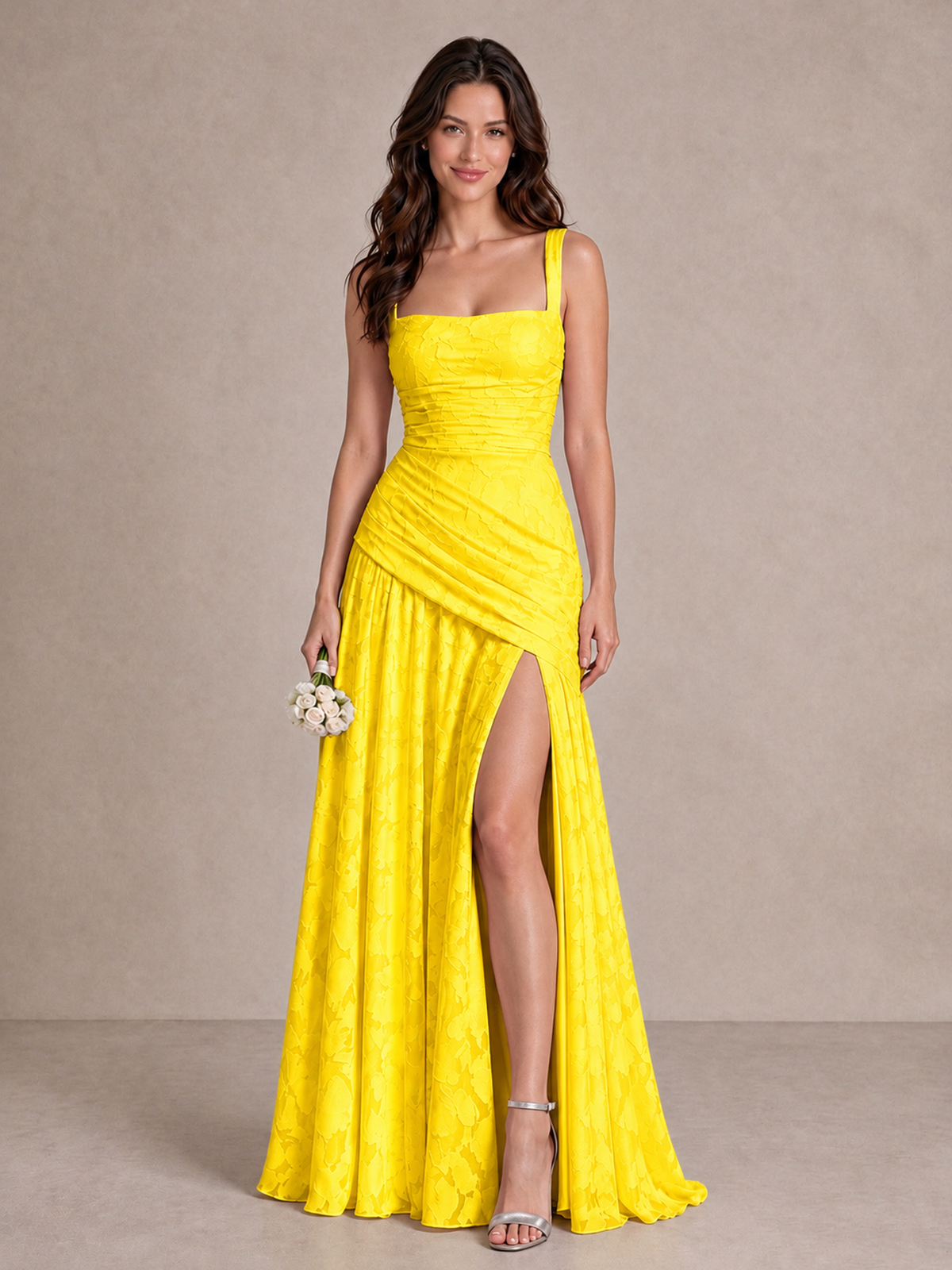 BOLODOO Yellow Floral Jacquard Bridesmaid Dress with Square Neck, Lace-Up Back & High Slit - Yellow - Yellow_1