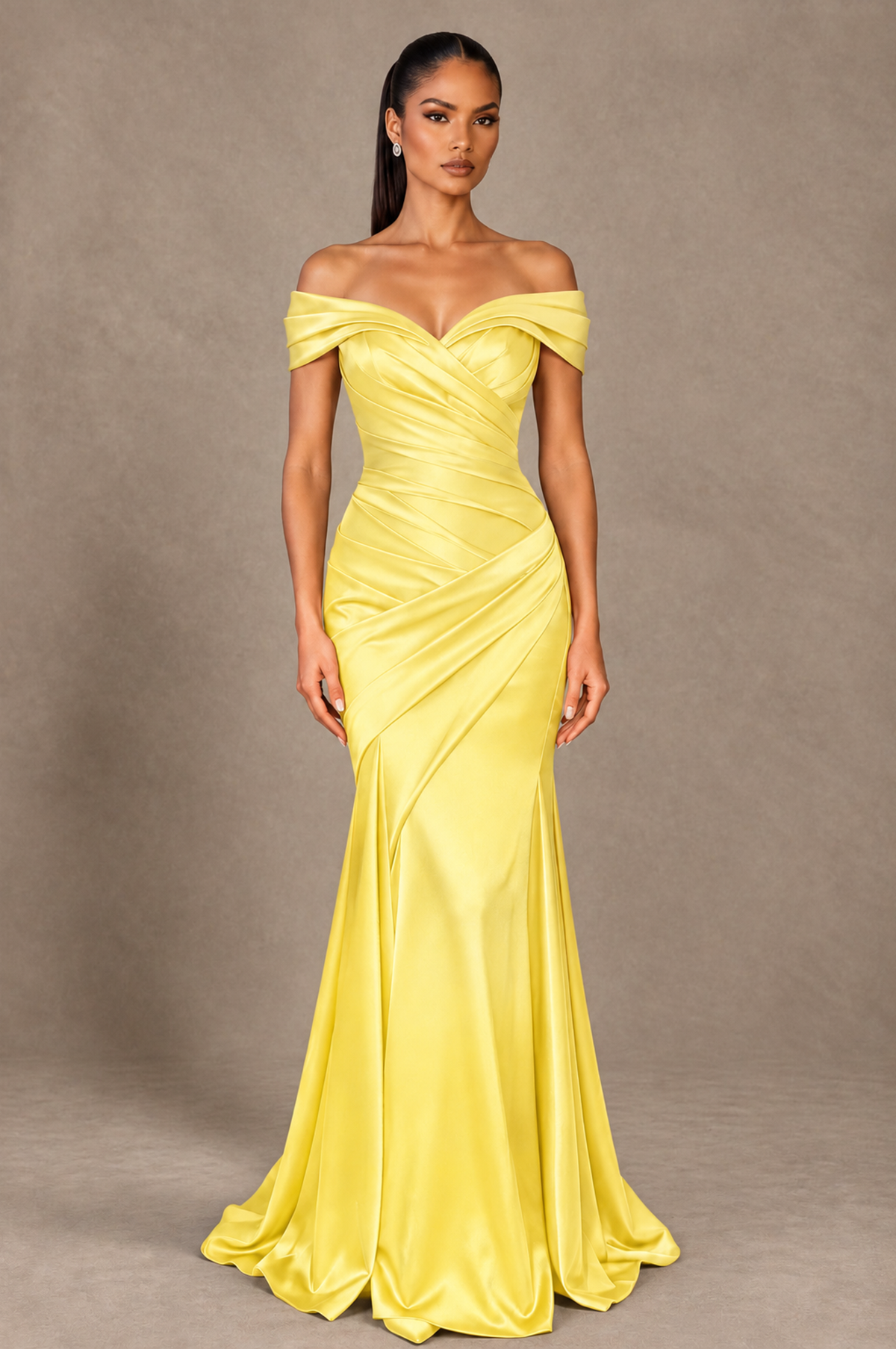 BOLODOO Yellow Off-the-Shoulder Ruched Satin Mermaid Evening Dress - Yellow - Yellow_1