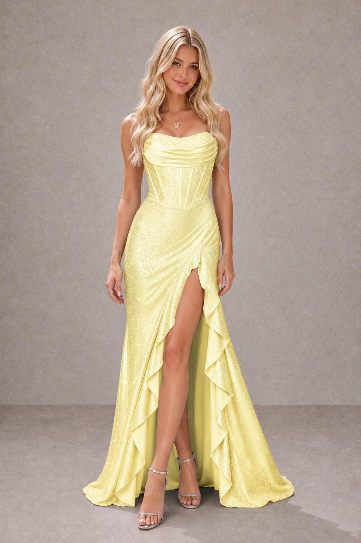 BOLODOO Yellow Strapless Corset Mermaid Prom Dress with Ruffle Slit - Yellow - Yellow_1