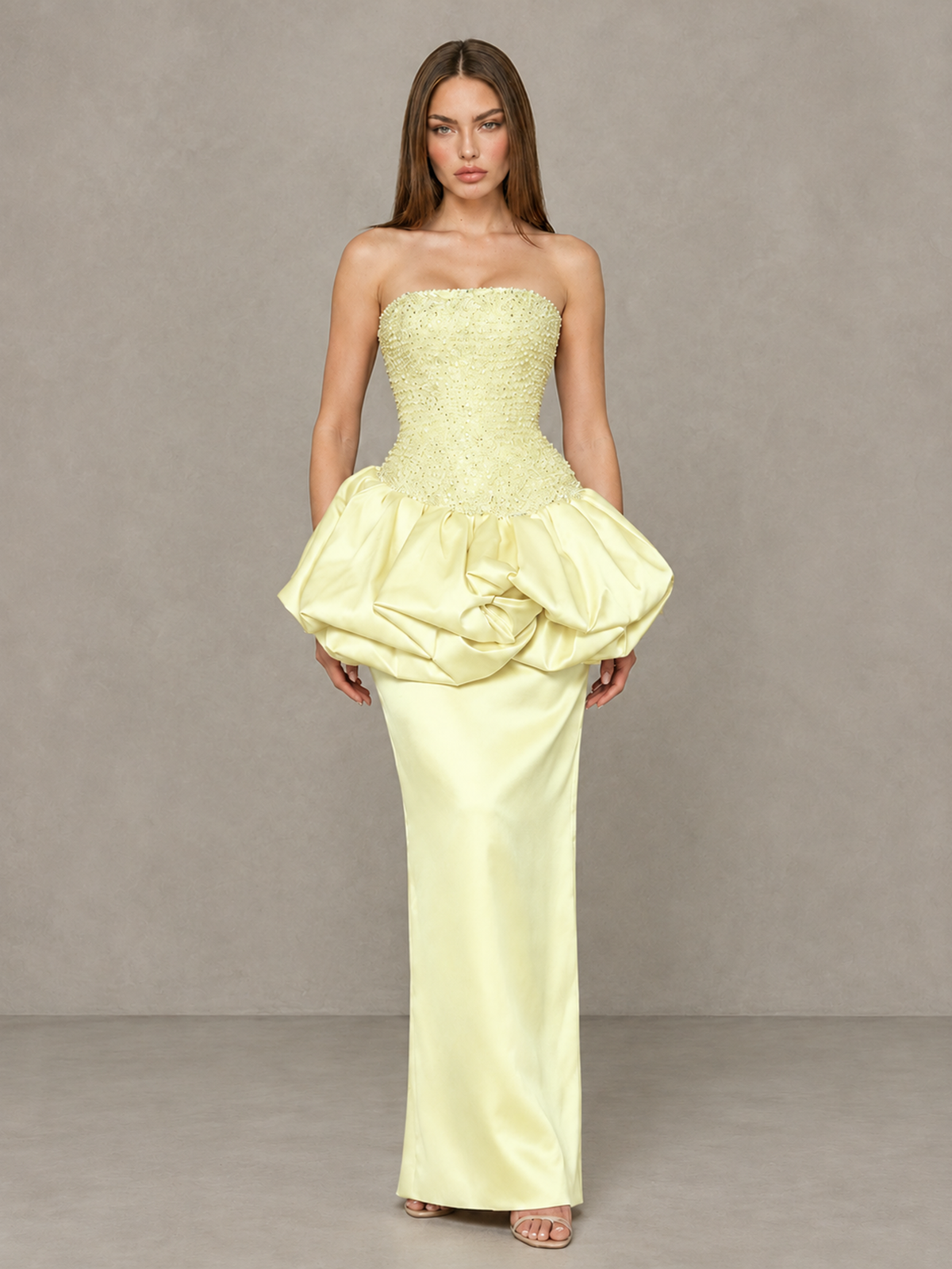 BOLODOO Yellow Strapless Embellished Bubble Peplum Evening Dress - Yellow - Yellow_1