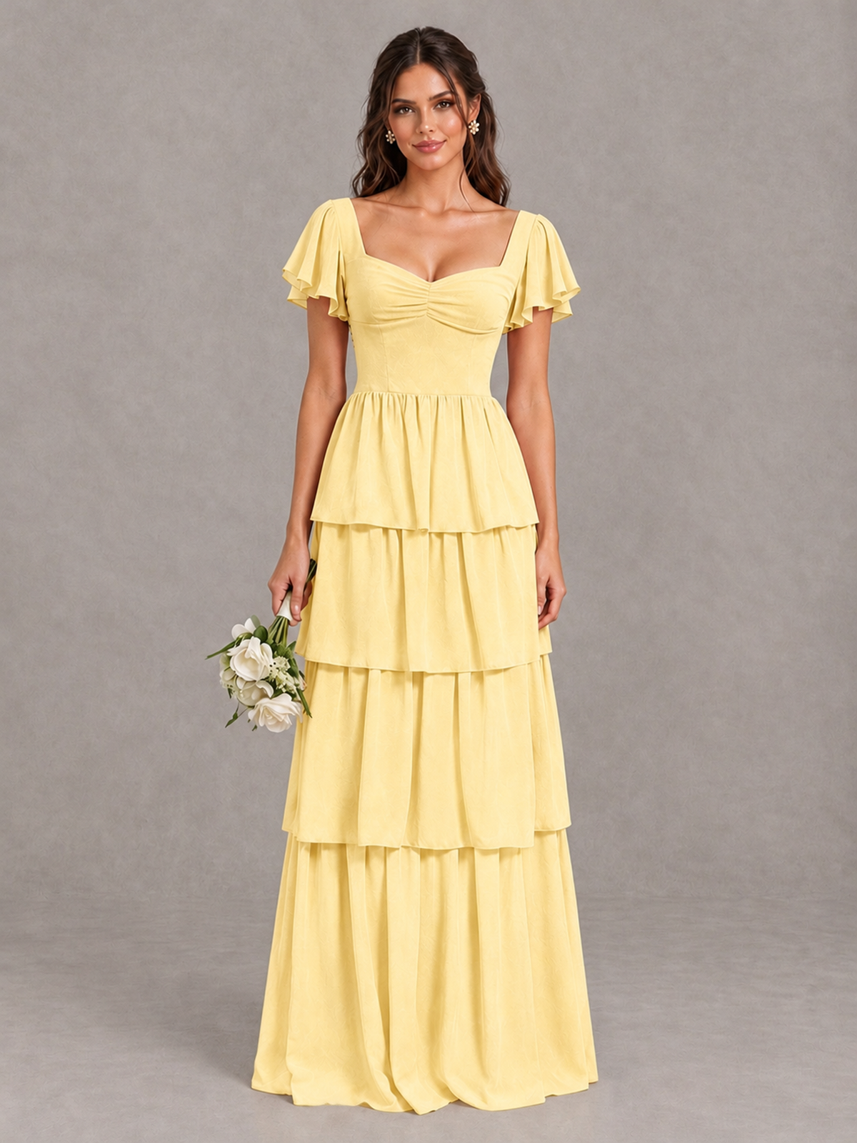BOLODOO Yellow Flutter Sleeve Tiered Maxi Bridesmaid Dress - Yellow - Yellow_1