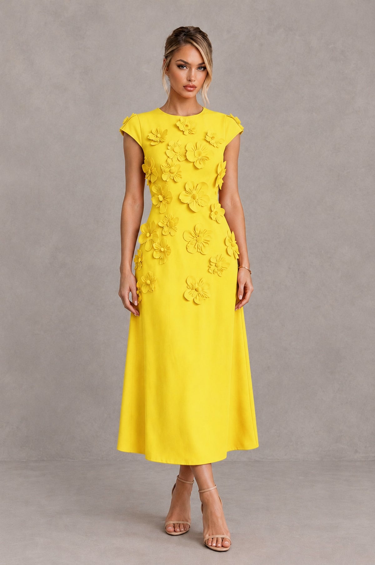 BOLODOO Yellow 3D Floral Cap Sleeve Midi Cocktail Dress - Yellow - Yellow_1