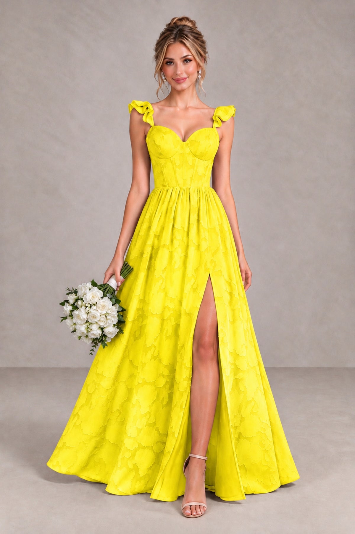 BOLODOO Yellow Floral A-Line Bridesmaid Dress with Slit Ruffle Straps Maxi Gown - Yellow - Yellow_1