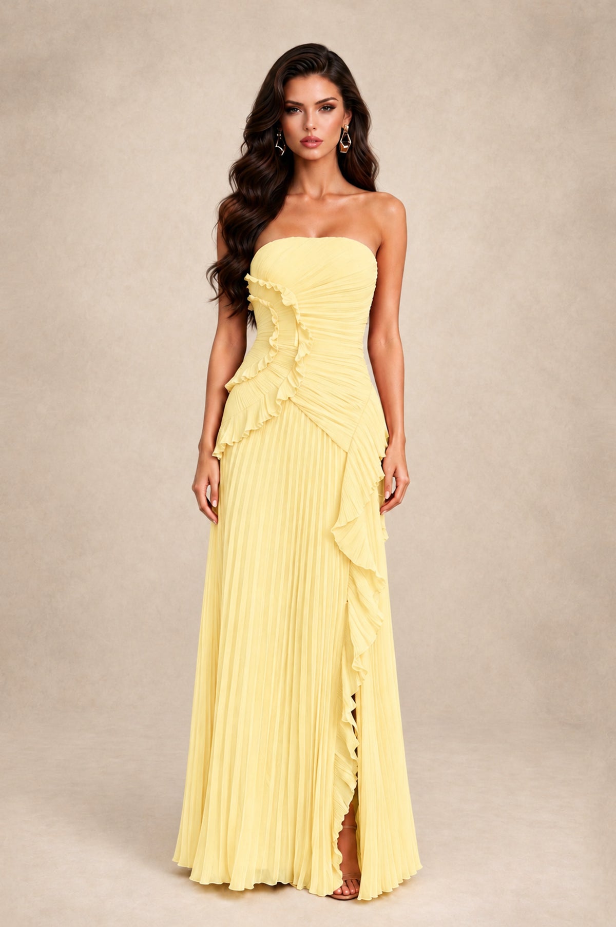 BOLODOO Yellow Strapless Ruffle Pleated Slit Evening Gown - Yellow - Yellow_1