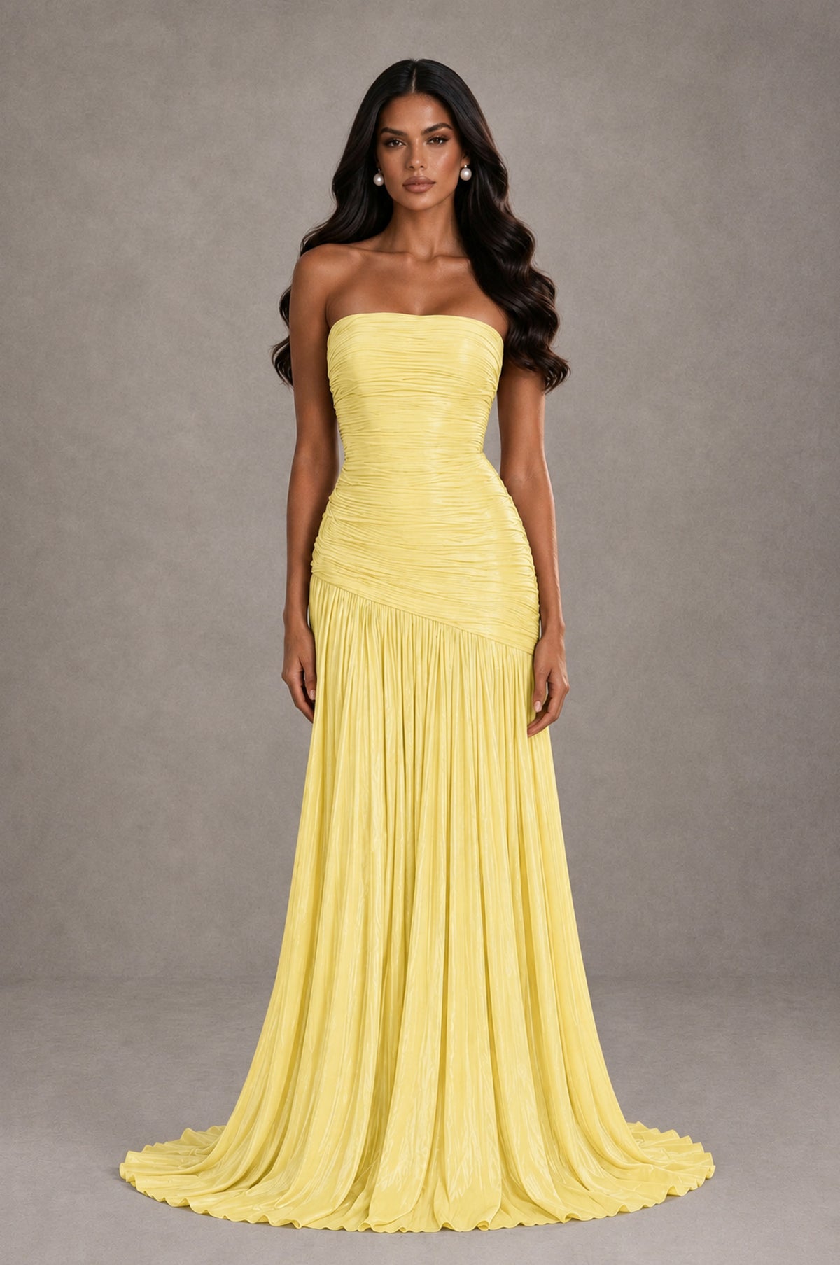 BOLODOO Yellow Metallic Ruched Strapless Pleated A-Line Backless Maxi Dress with Train - Yellow - Yellow_1