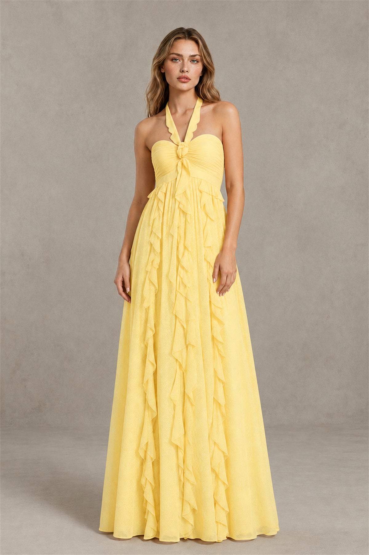 BOLODOO Yellow Halter Ruffle A-Line Floor-Length Evening Dress - Yellow - Yellow_1