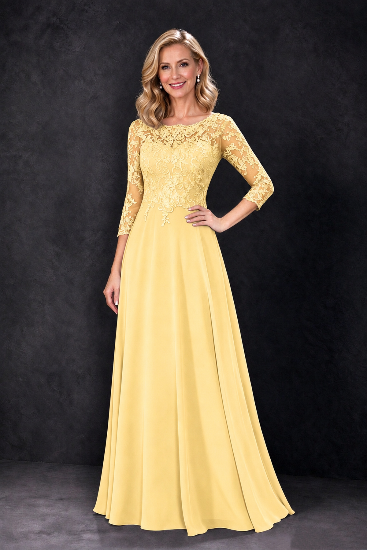 BOLODOO Yellow Lace Embroidered Mother of the Bride Dress with 3/4 Sleeves - Yellow - Yellow_1