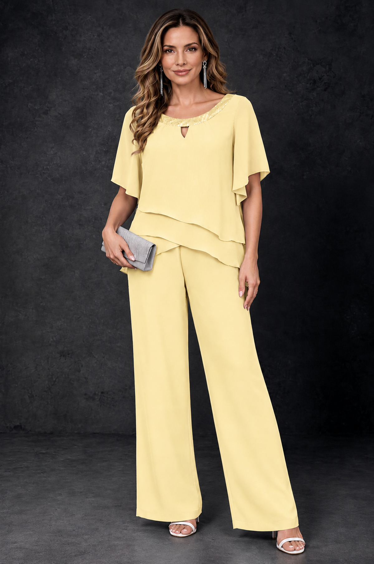 BOLODOO Yellow Layered Chiffon-Look Mother of the Bride Pantsuit - Yellow - Yellow_1
