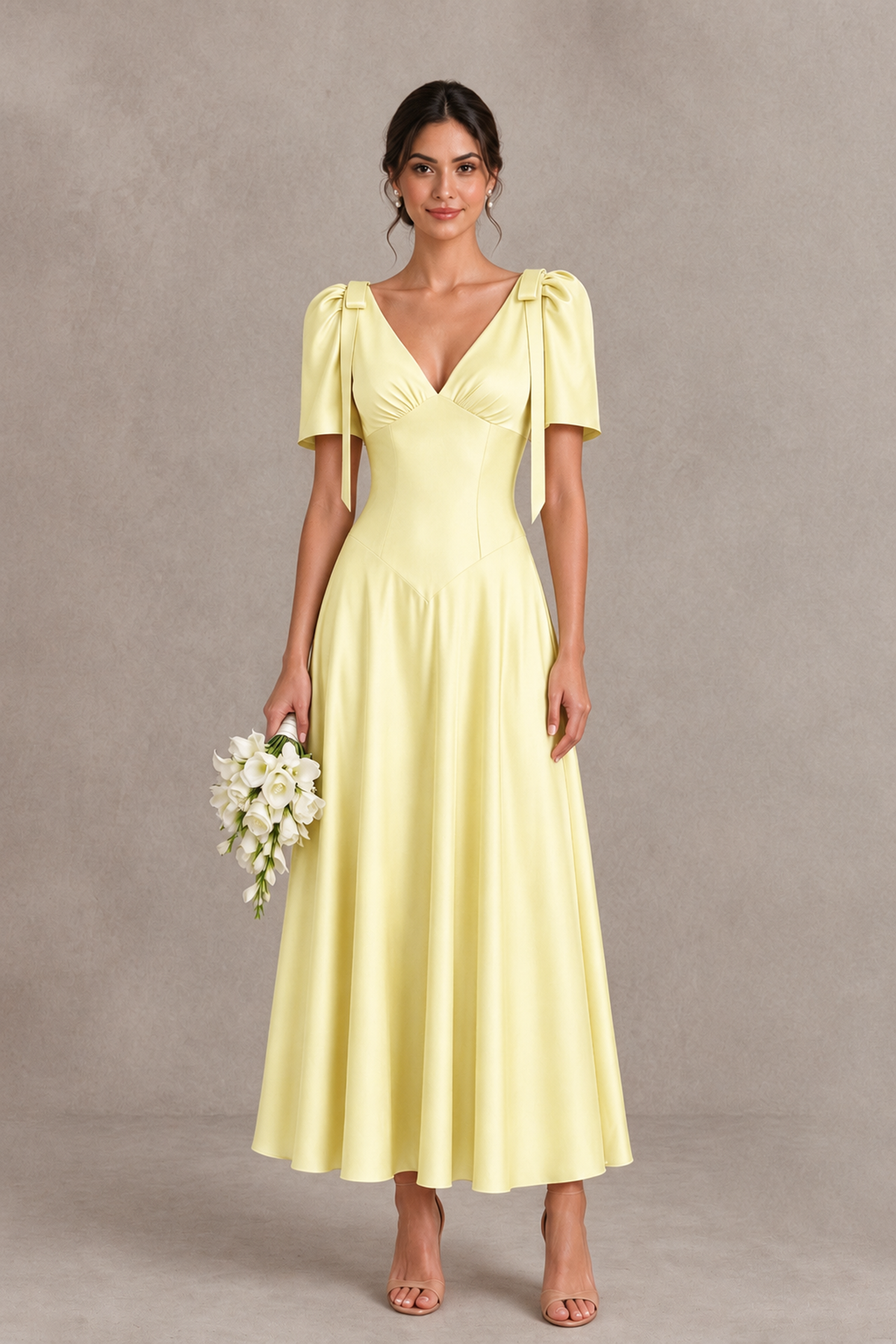BOLODOO Yellow V-Neck Short Sleeve Satin-Look Bridesmaid Dress with Shoulder Bows - Yellow - Yellow_1