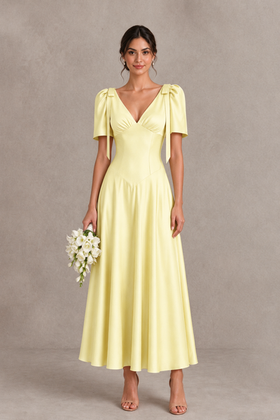 BOLODOO Yellow V-Neck Short Sleeve Satin-Look Bridesmaid Dress with Shoulder Bows - Yellow - Yellow_1
