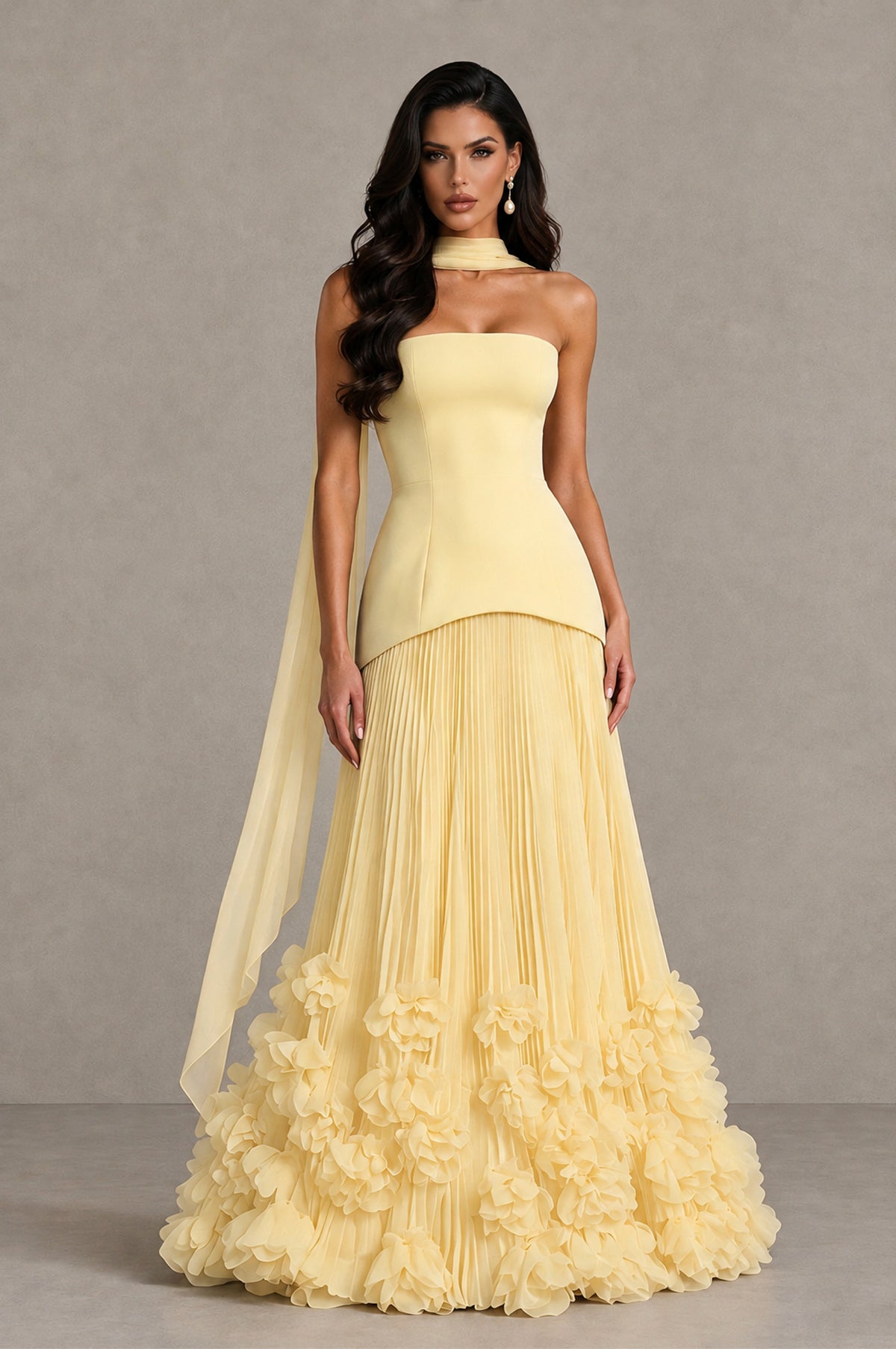 BOLODOO Yellow Strapless Pleated Floral Hem Evening Gown - Yellow - Yellow_1