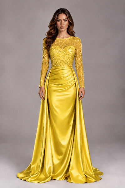 BOLODOO Yellow Long Sleeve Embellished Satin Evening Gown with Sweep Train - Yellow - Yellow_1