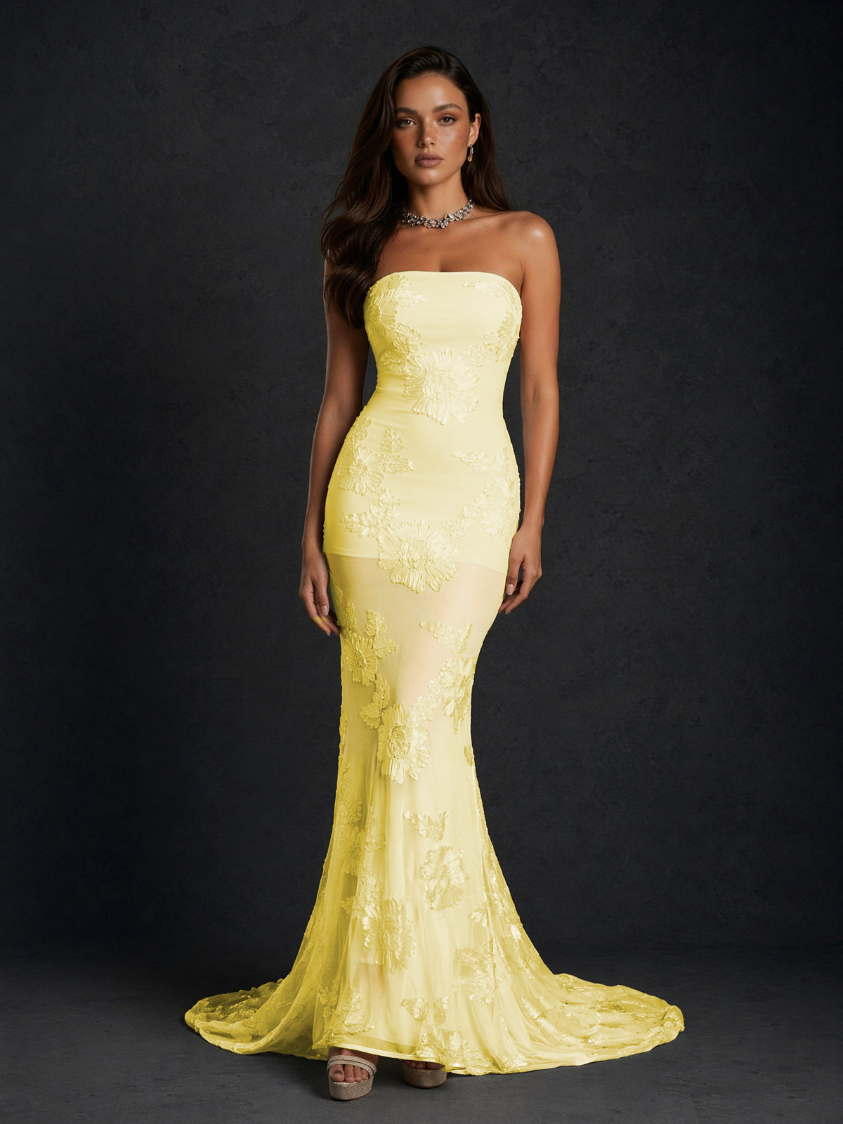 BOLODOO Yellow Champagne Gold Floral Sequin Embroidered Mesh Strapless Open Back Mermaid Maxi Dress with Train - Yellow