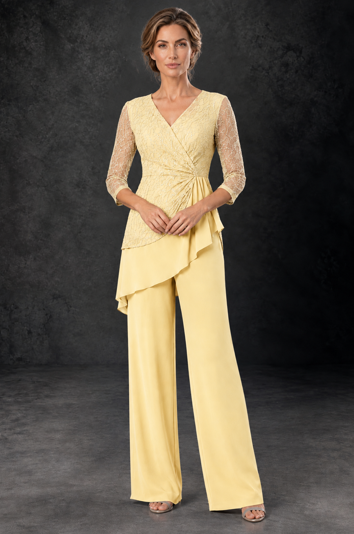 BOLODOO Yellow Sequin Lace 3/4 Sleeve Chiffon Mother of the Bride Pant Suit - Yellow - Yellow_1