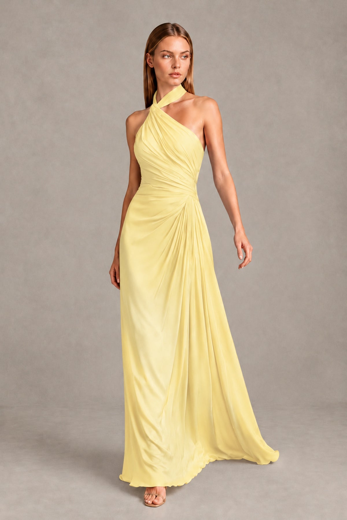 BOLODOO Yellow Twisted Halter Neck Ruched Sleeveless Open Back Floor-Length Gown - Yellow - Yellow_1