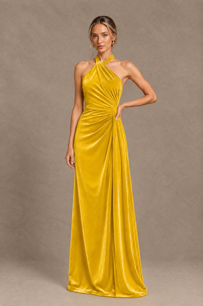 BOLODOO Yellow Velvet Halter Open-Back Ruched Evening Dress - Yellow - Yellow_1