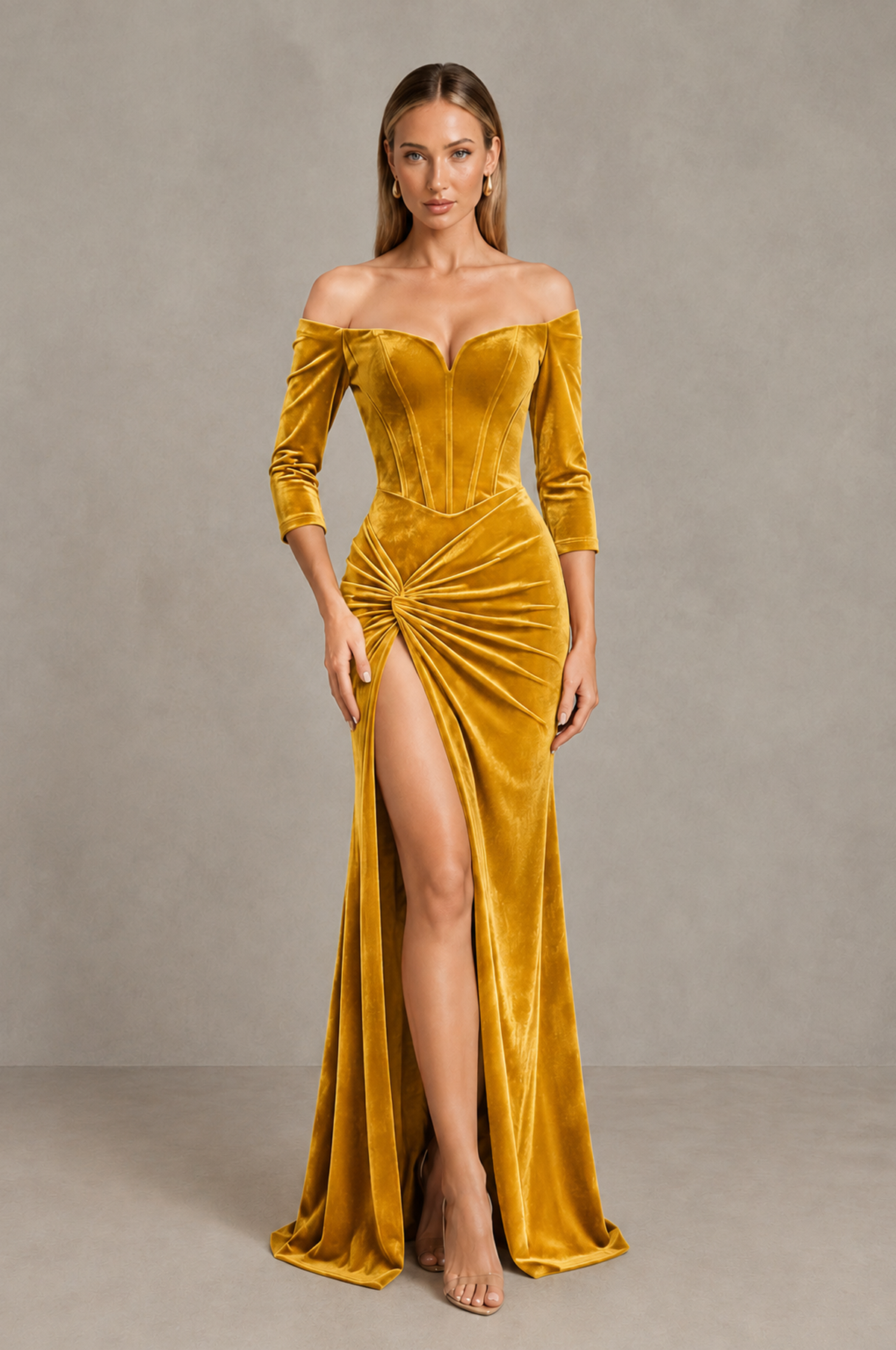 BOLODOO Yellow Off-Shoulder Velvet Evening Dress with High Slit - Yellow - Yellow_1