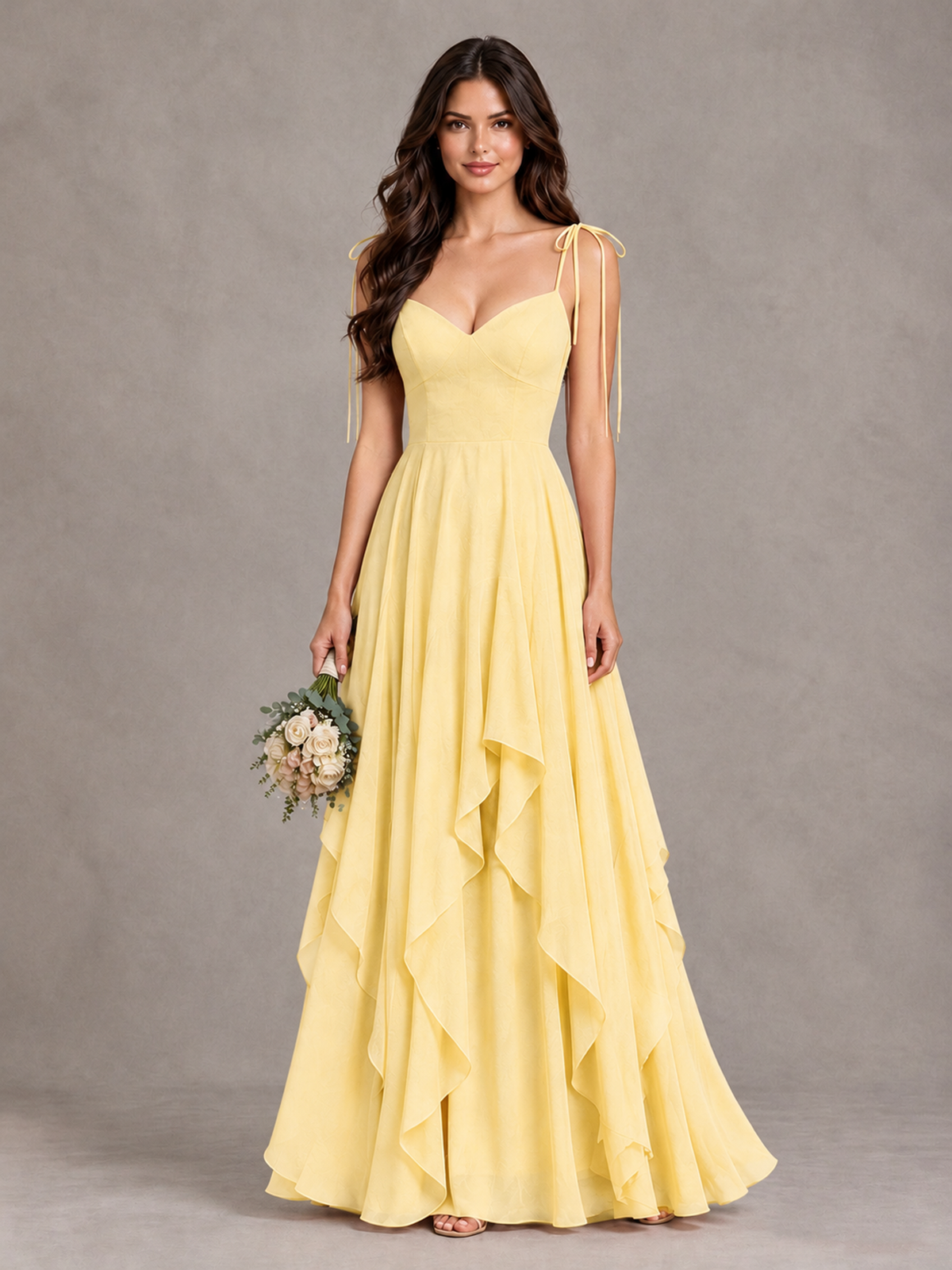 BOLODOO Yellow Tie-Strap Ruffle A-Line Bridesmaid Dress - Yellow - Yellow_1