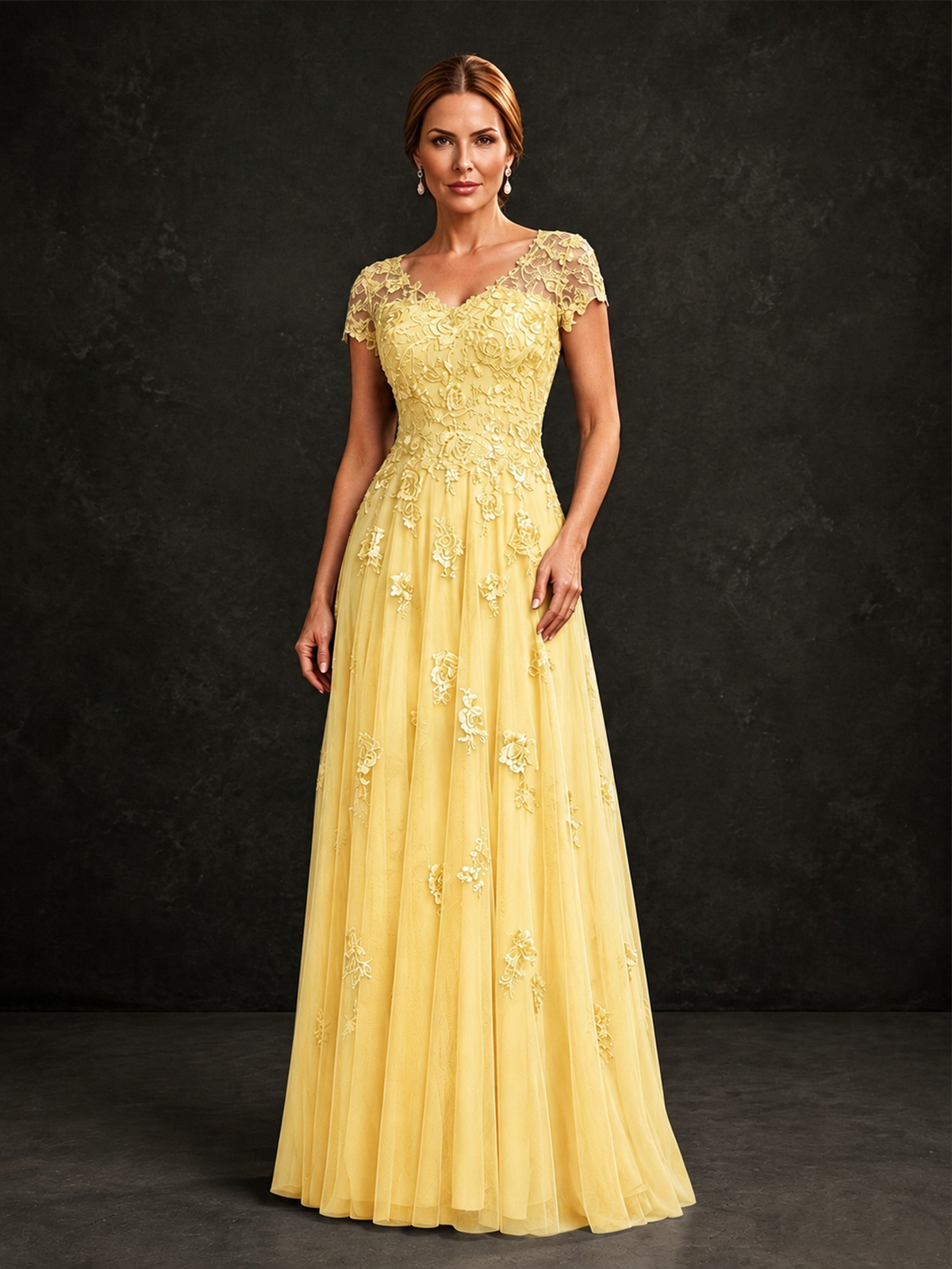 BOLODOO Yellow Cap Sleeve Lace Appliqué A-Line Formal Gown | Mother of the Bride Dress - Yellow - Yellow_1