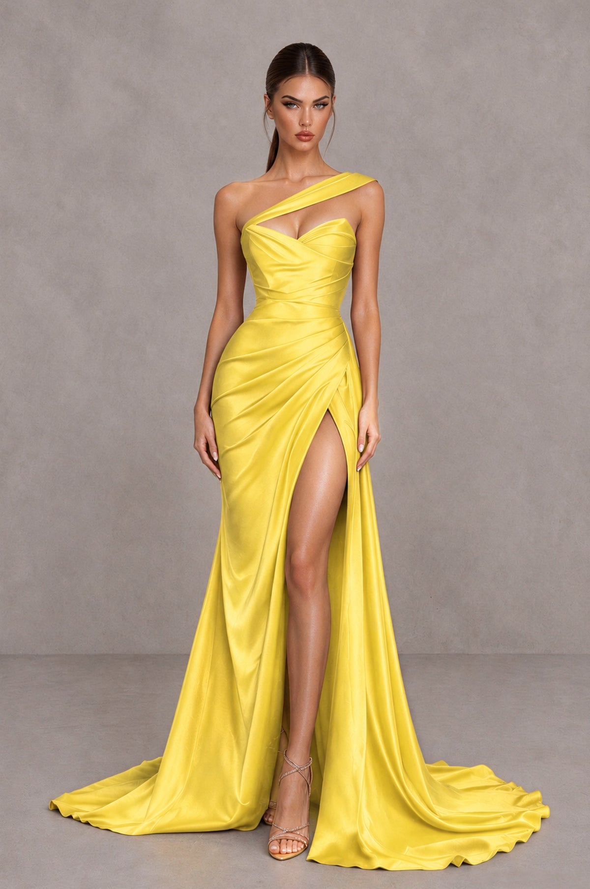 BOLODOO Yellow One Shoulder Satin Mermaid Evening Dress with Ruched Slit Skirt - Yellow - Yellow_1