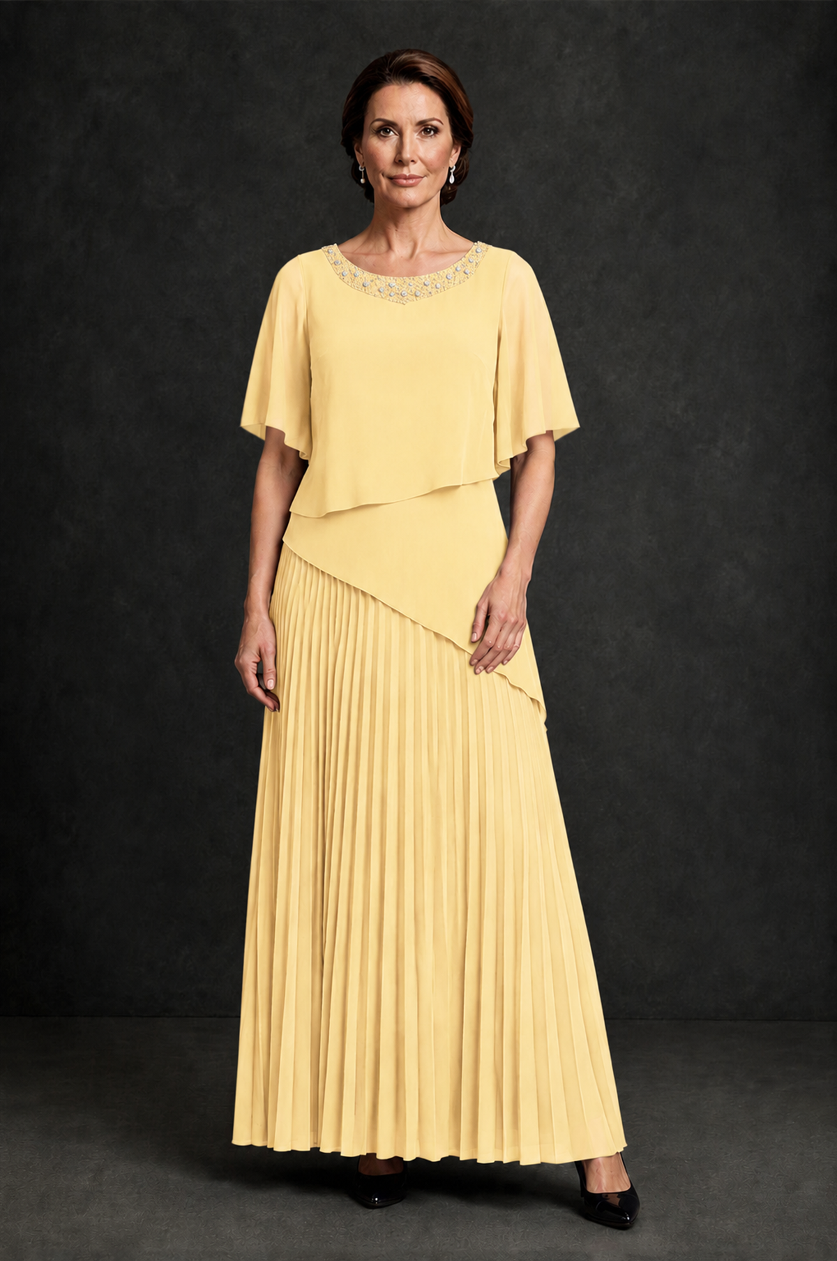 BOLODOO Yellow Pearl Beaded Neck Asymmetric Tiered Flutter Sleeve Pleated Chiffon Maxi Dress - Yellow - Yellow_1