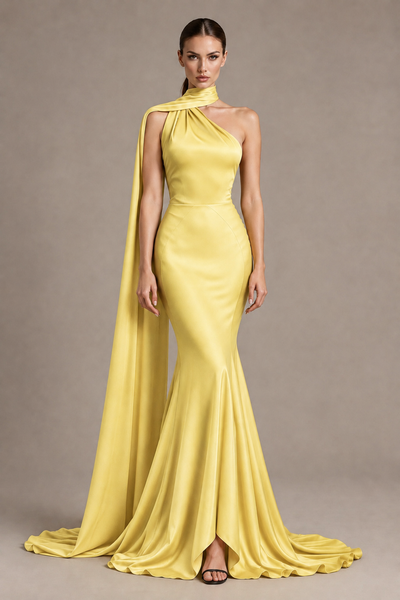 BOLODOO Yellow One-Shoulder Satin Mermaid Evening Dress with Scarf - Yellow - Yellow_1