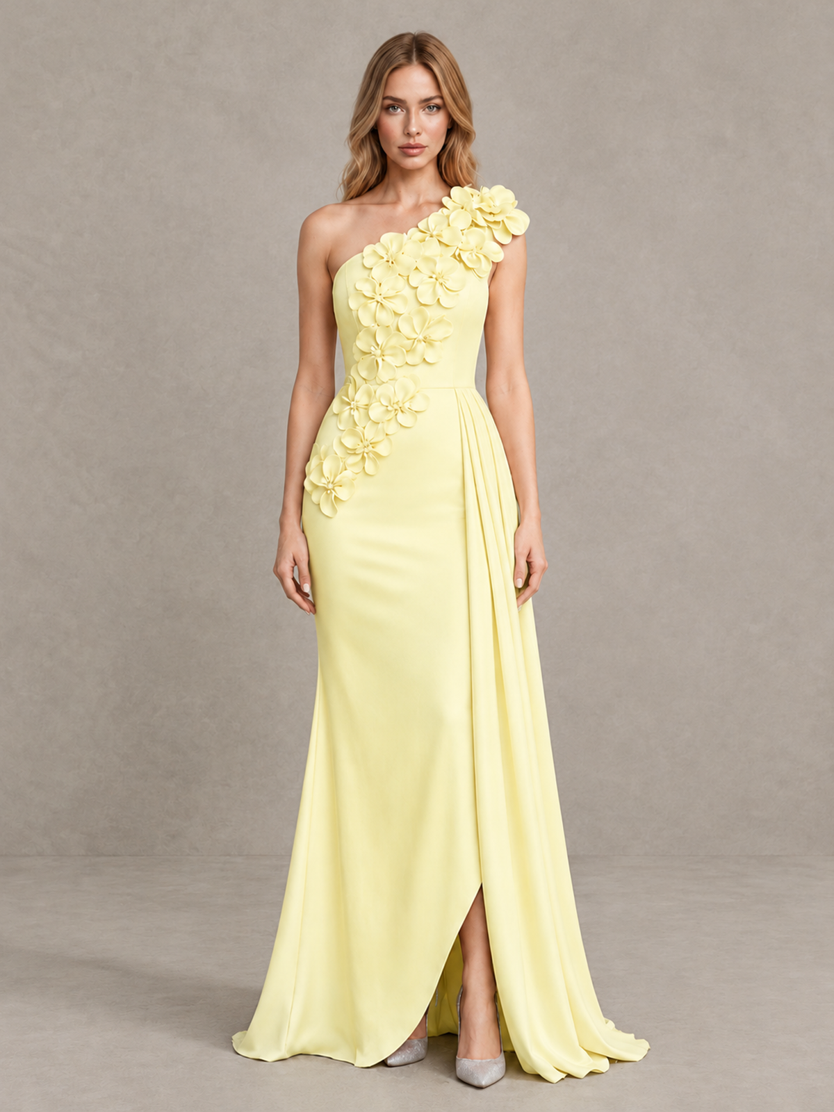 BOLODOO Yellow One-Shoulder Satin Mermaid Evening Gown with 3D Floral Appliqué - Yellow - Yellow_1