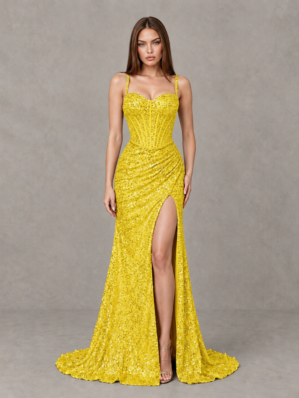 BOLODOO Yellow Sequin Corset Evening Gown with High Slit - Yellow - Yellow_1