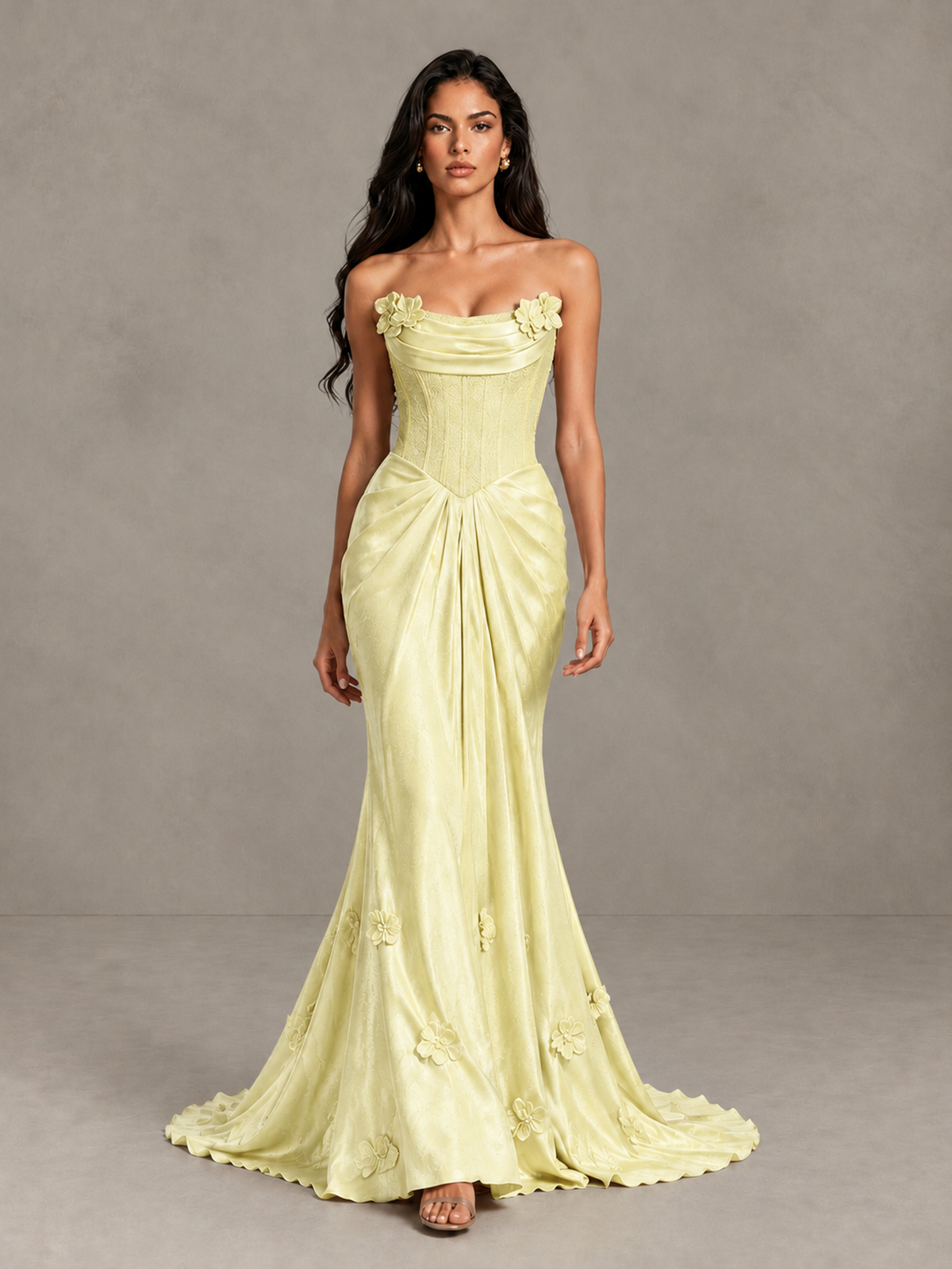BOLODOO Yellow Strapless Floral Corset Evening Gown with Train - Yellow - Yellow_1