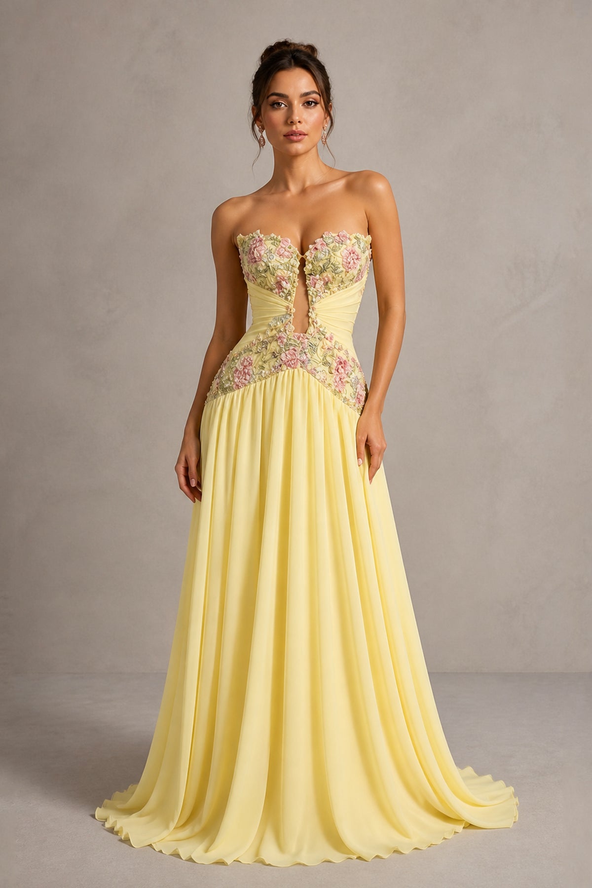 Yellow Strapless Sweetheart A-Line Chiffon Gown with 3D Floral Appliques & Cutout | BOLODOO - Yellow