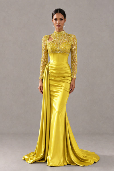 BOLODOO Yellow Long Sleeve Embellished Satin Mermaid Evening Gown - Yellow - Yellow_1