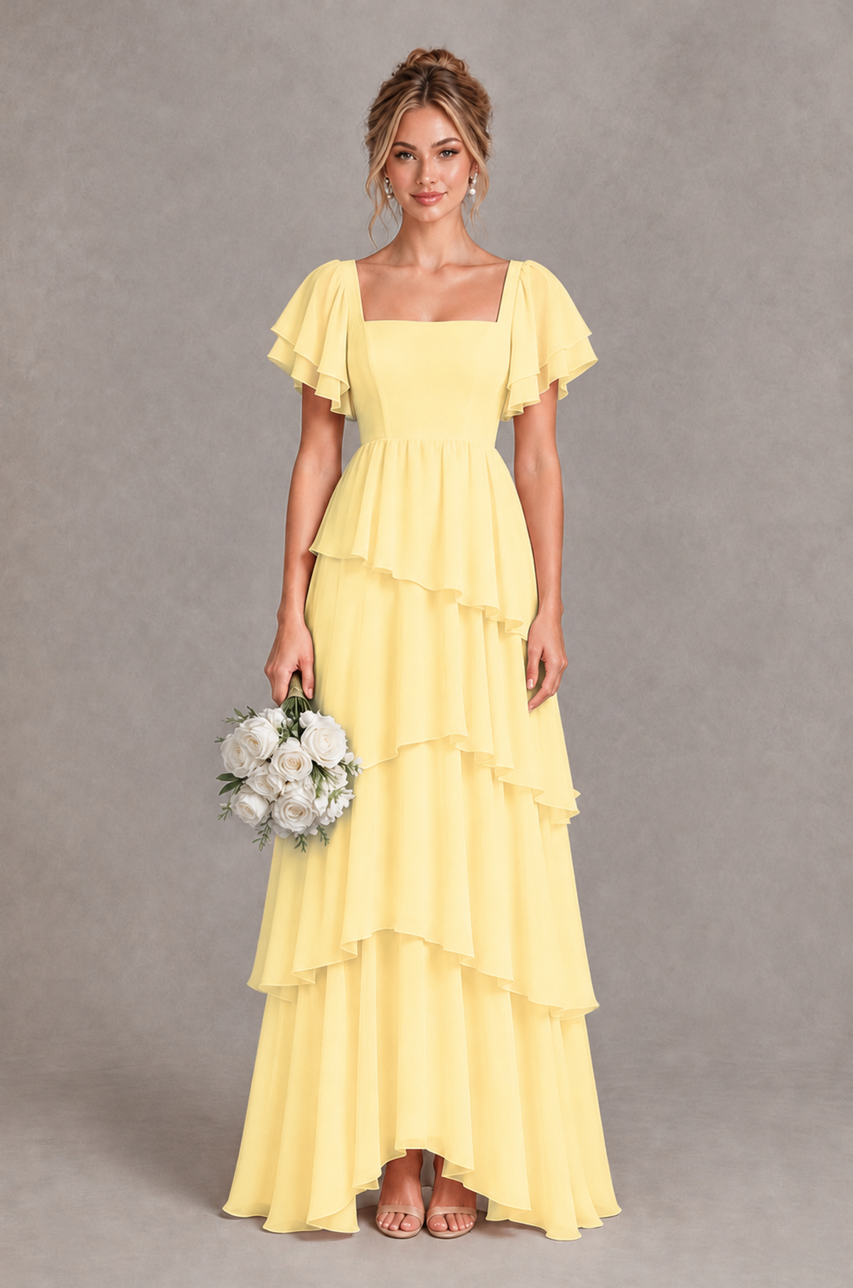 BOLODOO Yellow Square Neck Flutter Sleeve Tiered Chiffon Bridesmaid Dress with Lace-Up Back - Yellow - Yellow_1