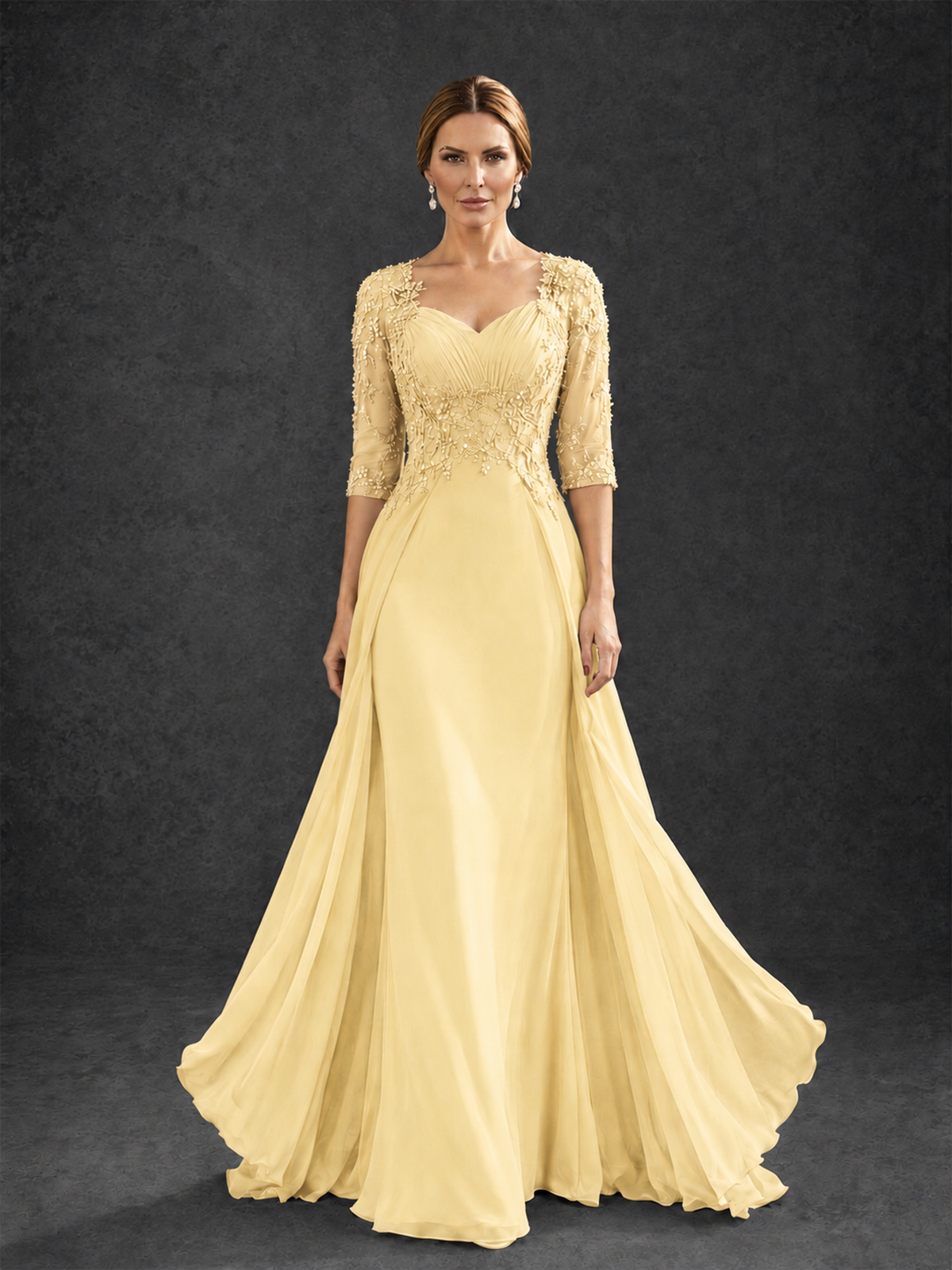 BOLODOO Yellow Sweetheart Neck 3/4 Sleeve Floral Lace Illusion Bodice Chiffon A-Line Gown - Yellow - Yellow_1