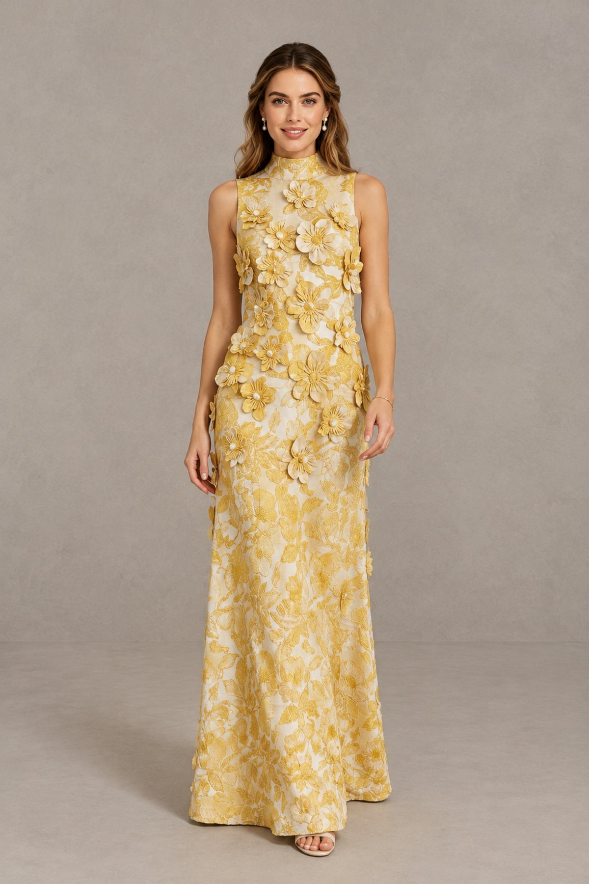 BOLODOO Yellow High Neck Sleeveless 3D Floral Evening Gown - Yellow