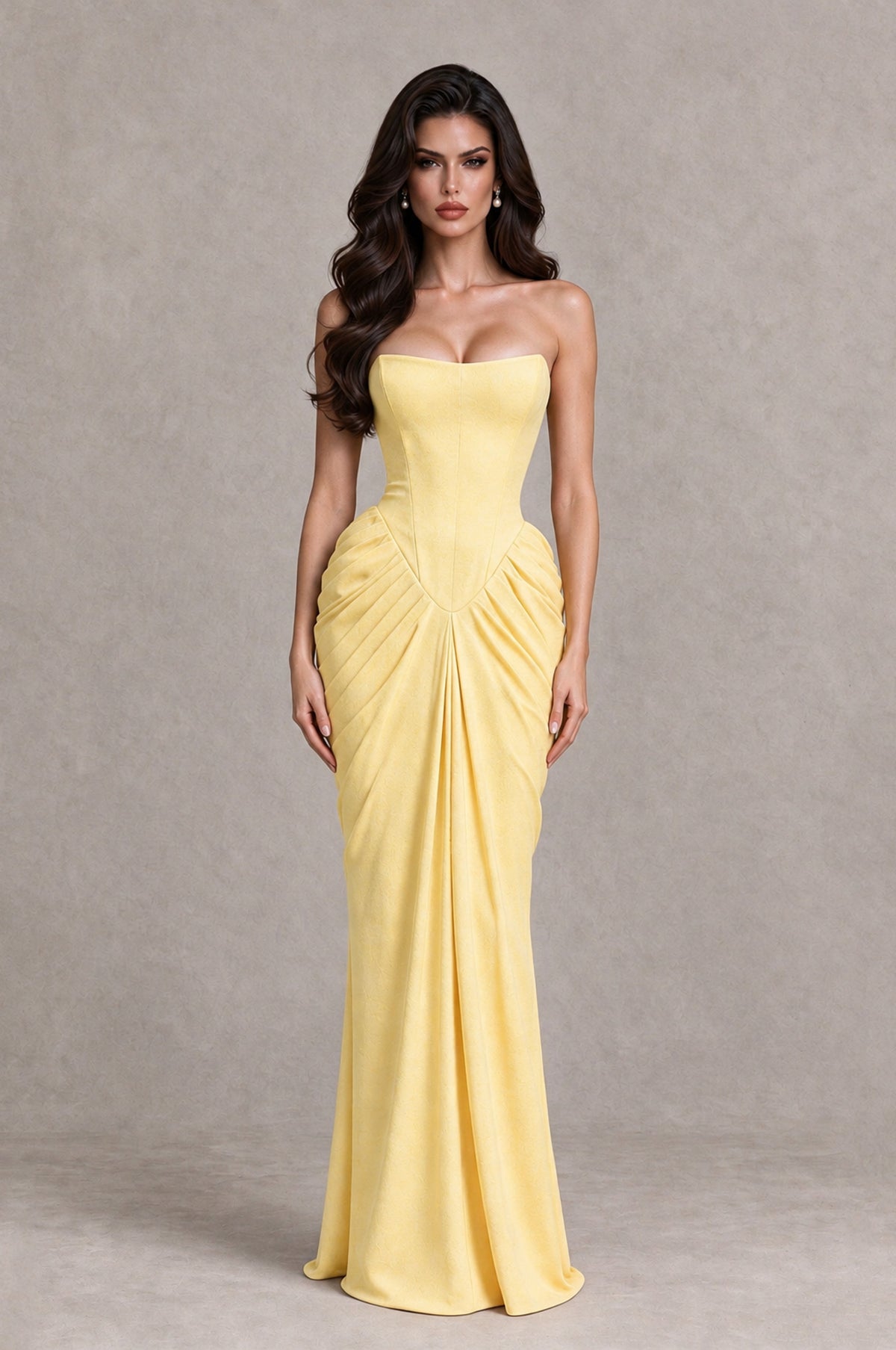 BOLODOO Yellow Strapless Ruched Corset Evening Gown - Yellow - Yellow_1