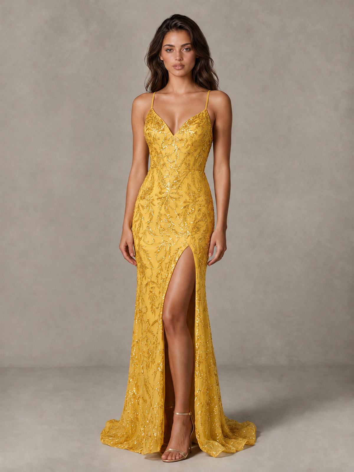 BOLODOO Yellow Sequin Prom Dress with Lace-Up Back and High Slit - Yellow - Yellow_1