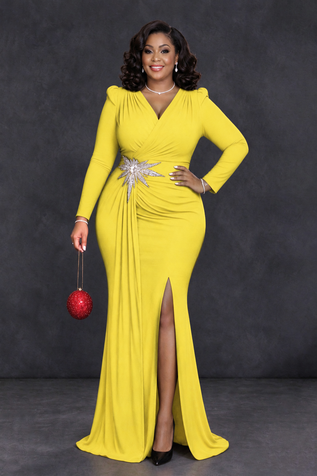 BOLODOO Yellow Plus Size Long Sleeve V-Neck Mother of the Bride Dress with Slit - Yellow - Yellow_1