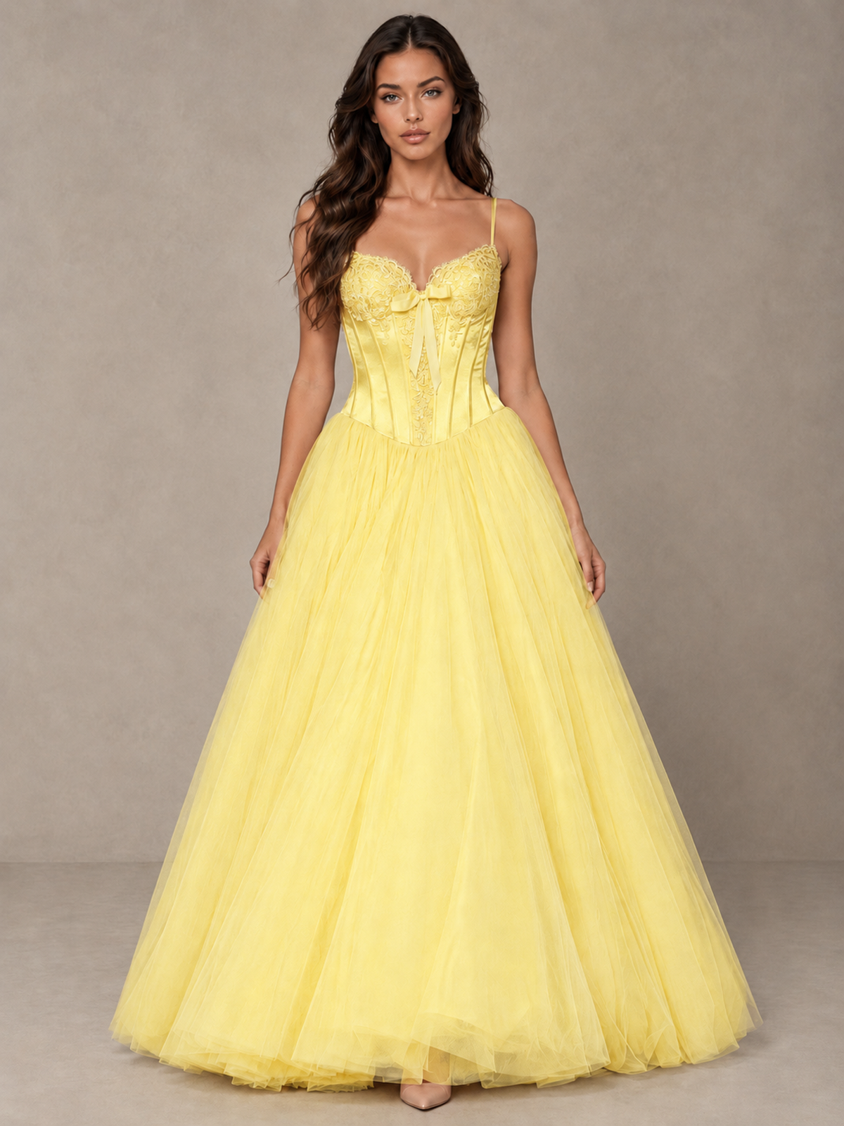 BOLODOO Yellow Corset Tulle Prom Dress with Spaghetti Straps - Yellow - Yellow_1