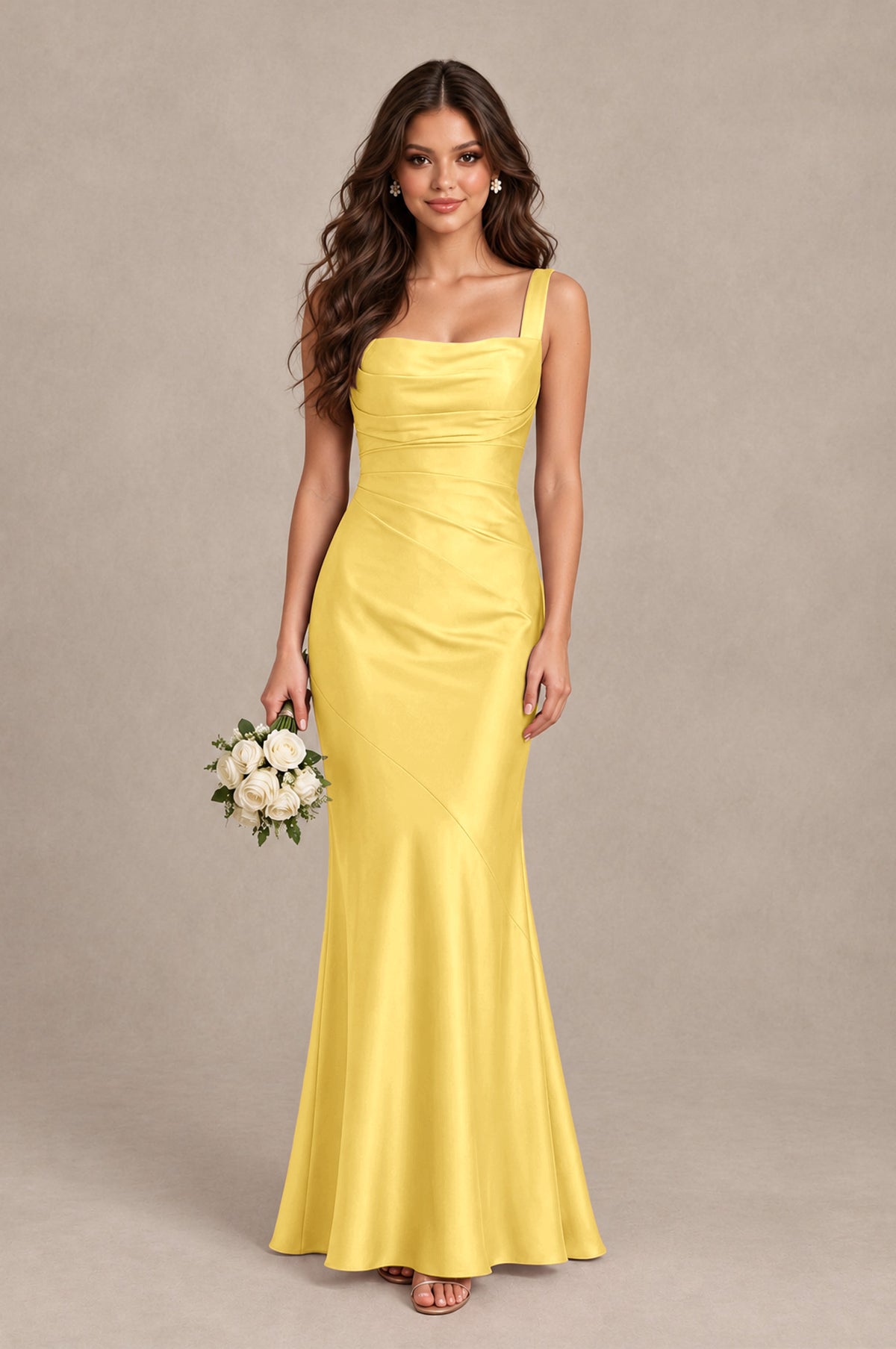 BOLODOO Yellow Square Neck Ruched Satin Lace-Up Bridesmaid Dress - Yellow - Yellow_1