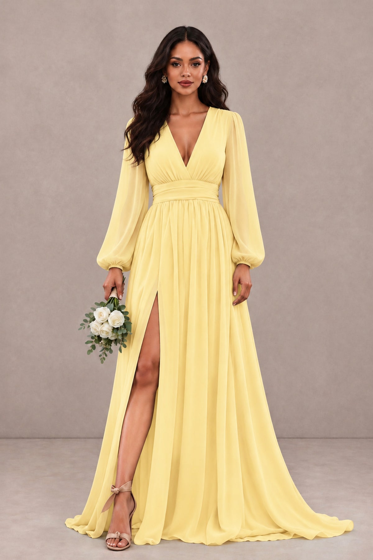 BOLODOO Yellow Long Sleeve V-Neck A-Line Gown with Open Back & Slit - Yellow - Yellow_1