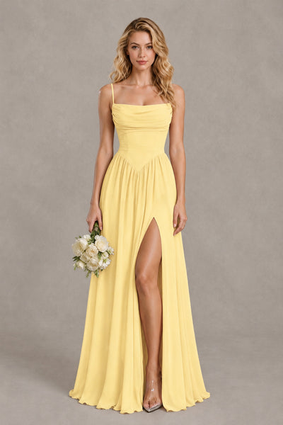 BOLODOO Yellow Spaghetti Strap A-Line Bridesmaid Dress with Slit - Yellow - Yellow_1