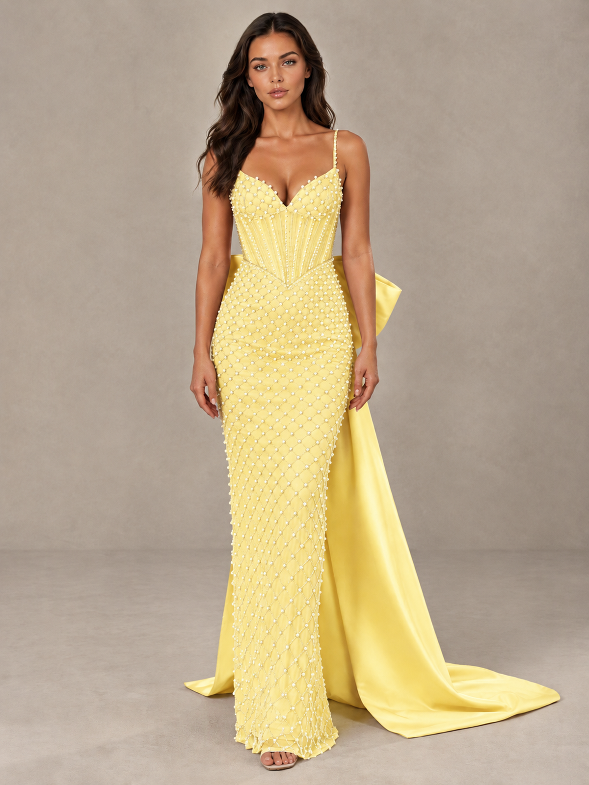 BOLODOO Yellow Beaded Corset Prom Dress with Bow Train - Yellow - Yellow_1