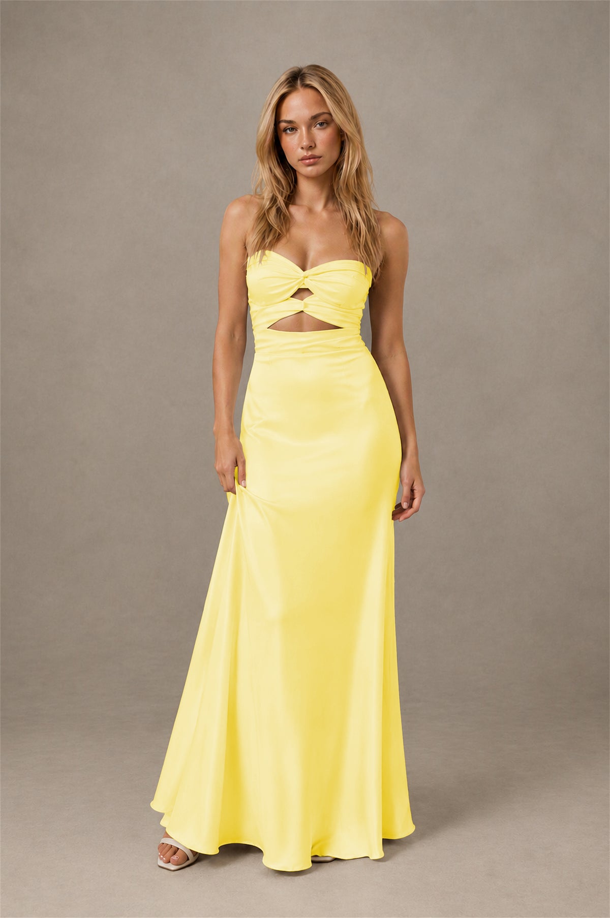 BOLODOO Yellow Sweetheart Strapless Twist Knot Cutout Lace-Up Back Satin Mermaid Maxi Dress - Yellow - Yellow(1)