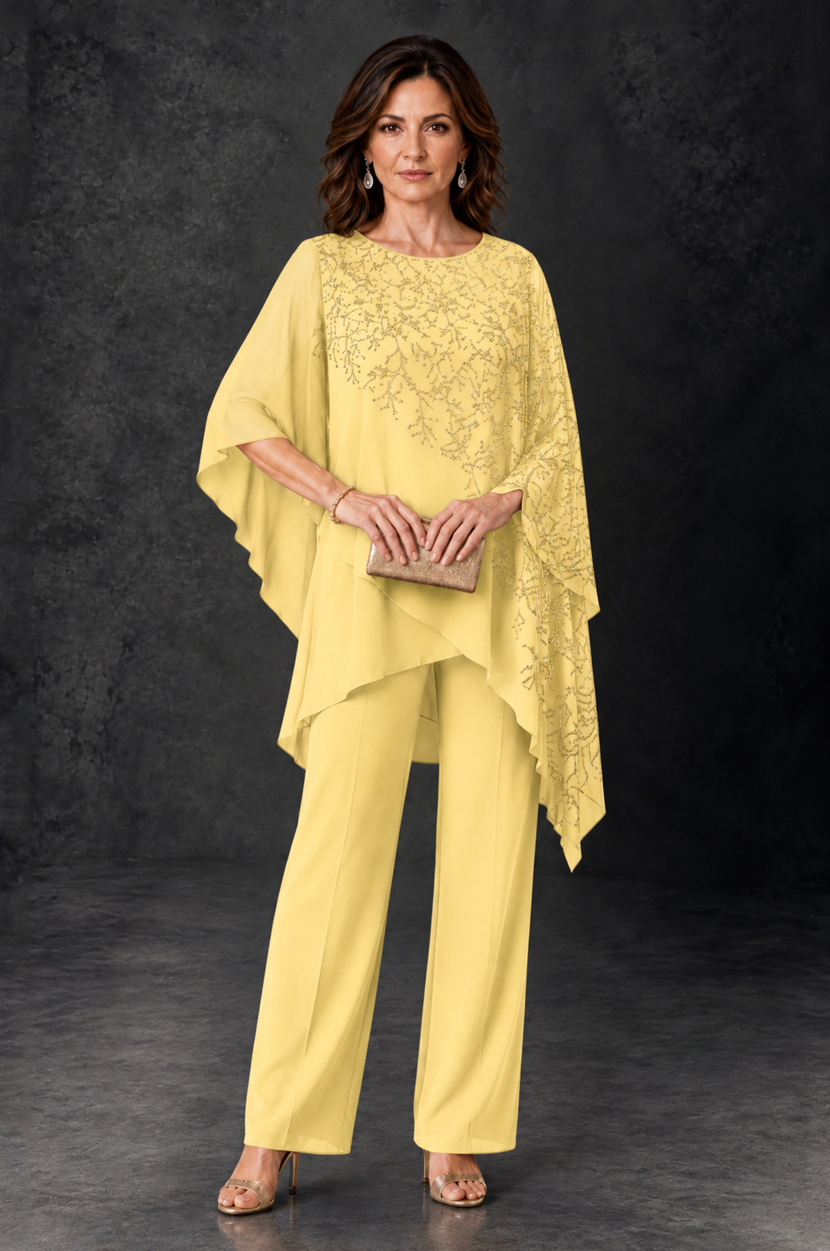 BOLODOO Yellow Embellished Cape Pant Suit for Mother of the Bride - Yellow - Yellow_1